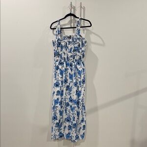 SHEIN White and Blue Floral Smocked Midi Dress